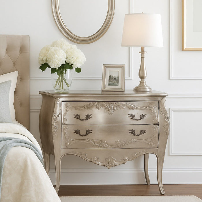 Fleur Silver French 2 Drawer Bombe Chest