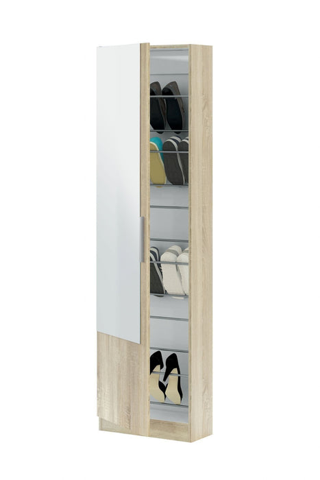 Oak Effect Tall Shoe Cabinet 1 Mirrored Door 14-16 Pairs