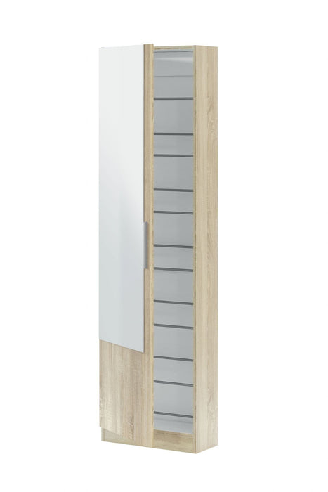 Oak Effect Tall Shoe Cabinet 1 Mirrored Door 14-16 Pairs