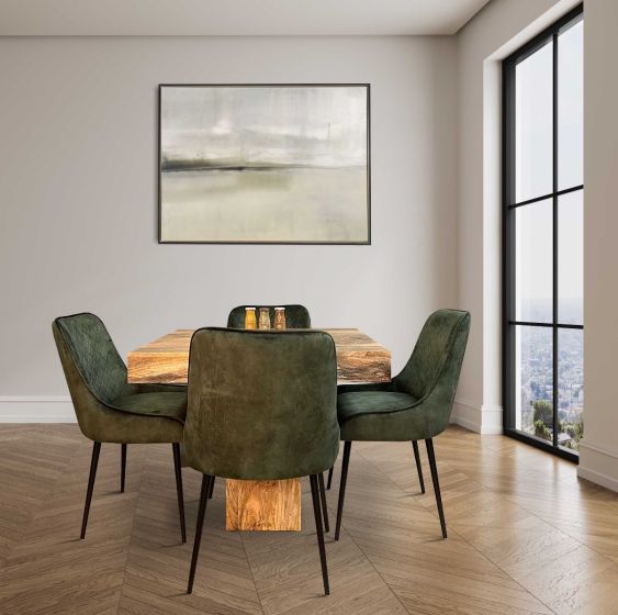 Acre & Artisan Light Solid Wood 120Cm Cube Dining Table 4 Henley Velvet Dining Chairs