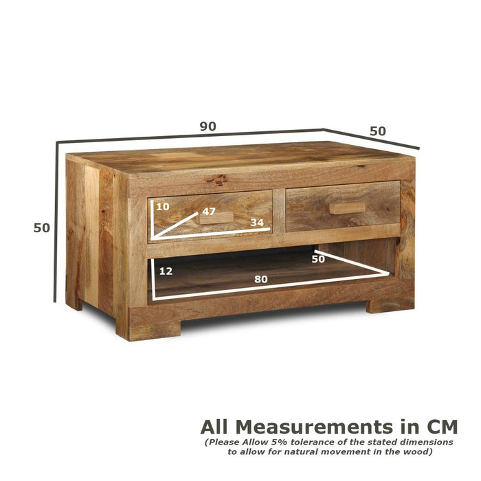 Light Mango Wood 90cm 2 Drawer Coffee Table - In Stock
