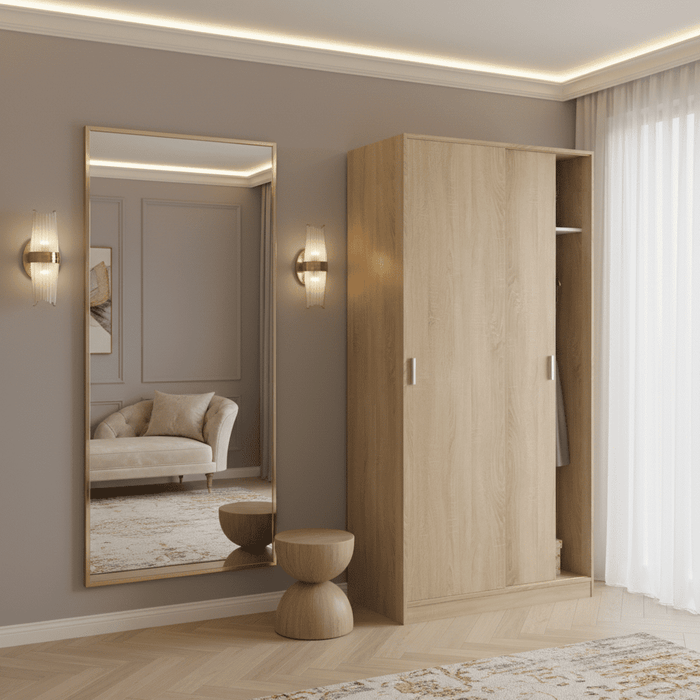 Canadian Oak Effect Small Narrow Sliding 2-Door Wardrobe