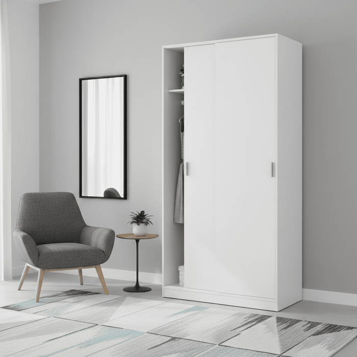 Hansen White Small Narrow Sliding 2 Door Wardrobe - 3207