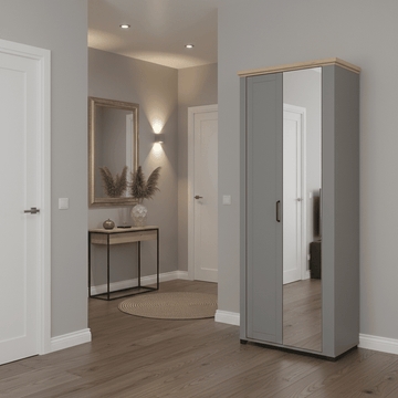 Amos Mann Grey And Artisan Oak Slim Narrow Shallow Depth Mirrored Wardrobe