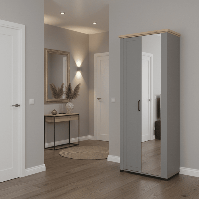 Grey & Artisan Oak Slim Narrow Shallow Depth Mirrored Wardrobe