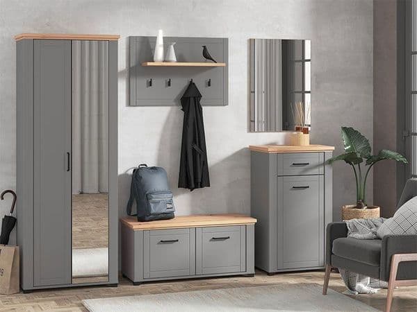 Grey & Artisan Oak Slim Narrow Shallow Depth Mirrored Wardrobe