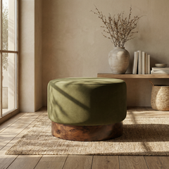 Marie Footstool | Moss Green Sustainable Mohair Velvet & Walnut Burl Wood