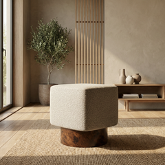 Bidbury Pouffe | Speckled Stone Sustainable Boucle & Walnut Burl Wood