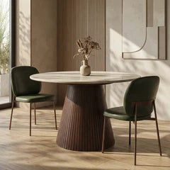 Oxborough 4 Seat Round Dining Table | Natural Travertine Effect Sintered Stone & Walnut