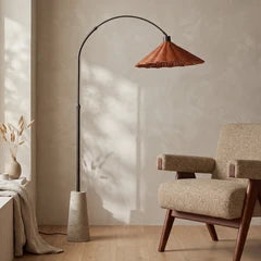 Keston Arched Floor Lamp | Natural Rattan & Travertine