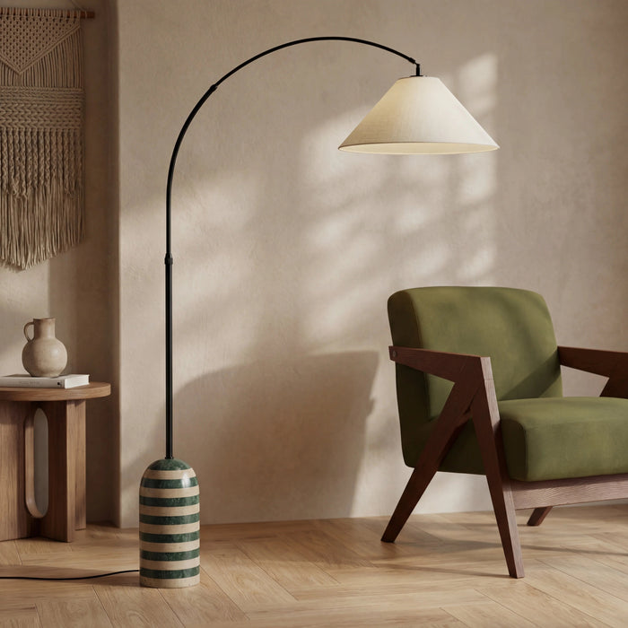 Leora Arched Floor Lamp Dark Green Marble & Natural Travertine