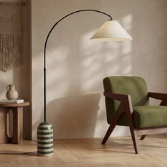 Leora Arched Floor Lamp | Dark Green Marble & Natural Travertine