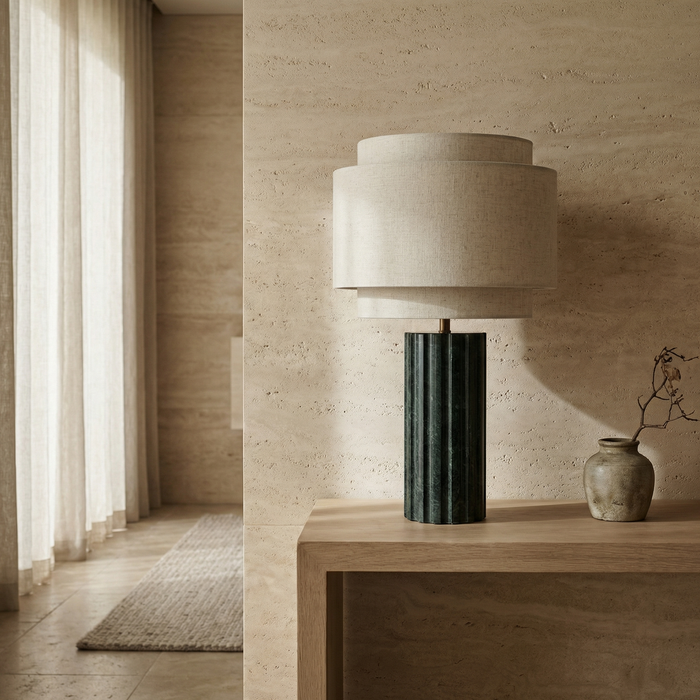 Aldridge Table Lamp Natural Linen & Dark Green Marble