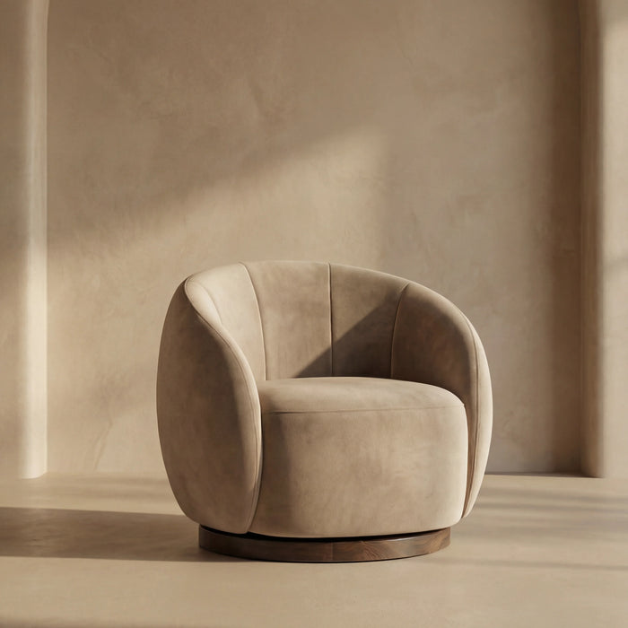 Emile Swivel Armchair | Taupe Sustainable Velvet & Walnut
