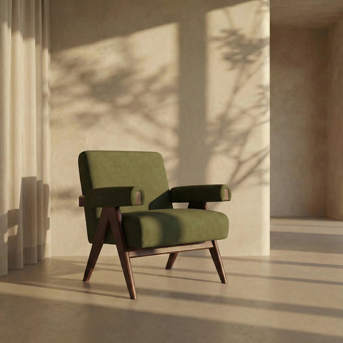 Cary Accent Chair Moss Green Sustainable Mohair Velvet & Walnut
