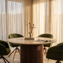 Medby & Ophelia 4 Seat Dining Set | Natural Travertine Effect & Rust Sustainable Velvet