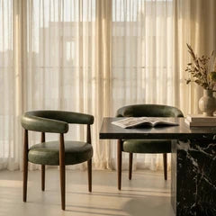 Elan Wooden Carver Dining Chair | Vintage Green Faux Leather & Walnut