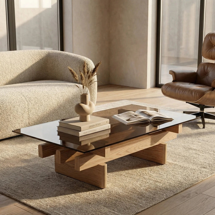 Line Rectangle Coffee Table Amber Brown Glass & Natural