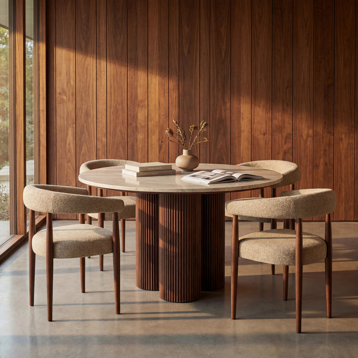 Skylar 4 Seat Round Dining Table Natural Travertine & Smoked Walnut