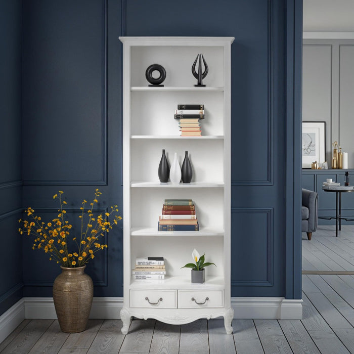 Ivory French Inspired Tall Bookcase with Drawers