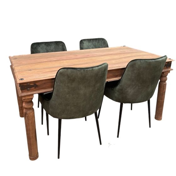 Acre & Artisan Jali Natural 160Cm Dining Table 4 Henlet Velvet Dining Chairs