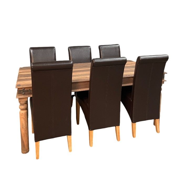 Jali Natural 180cm Dining Table & 6 Leather Rollback Dining Chairs - In Stock
