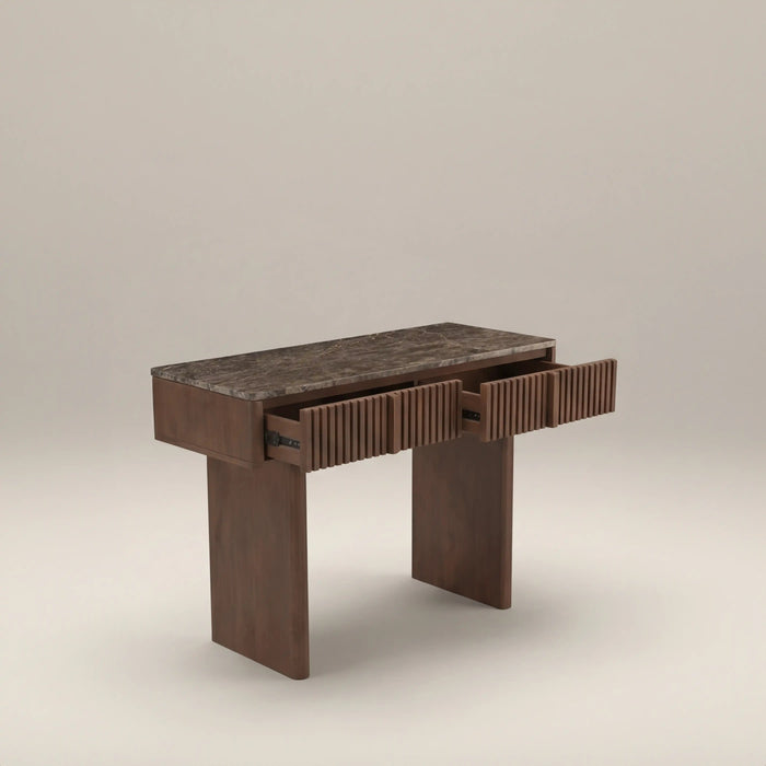 Janis 2 Drawer Console Table Emperador Brown Honed Marble & Walnut