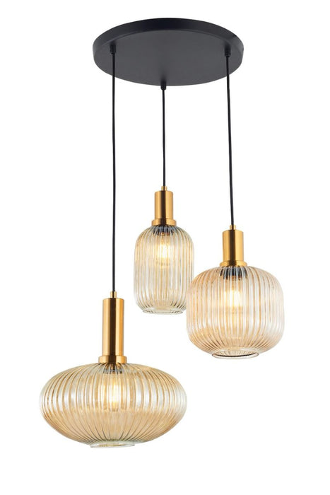 Brass and Glass Triple Drop Multi Colour Shade Ceiling Pendant - In Stock