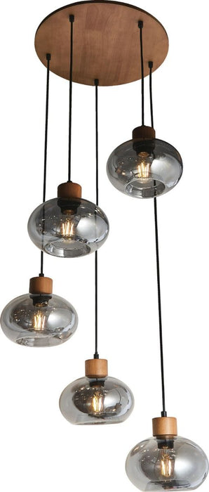 Wooden and Glass 5 Shade Ceiling Pendant - In Stock