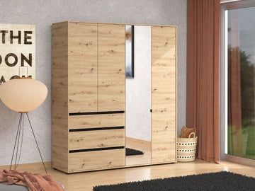 Amos Mann Artisan Oak Effect 4 Door 3 Drawer Mirrored Wardrobe