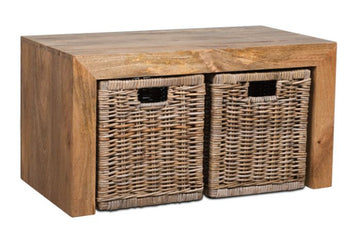 Light Acre & Artisan Premium Mango Wood 85cm Coffee Table with 2 Rattan Baskets