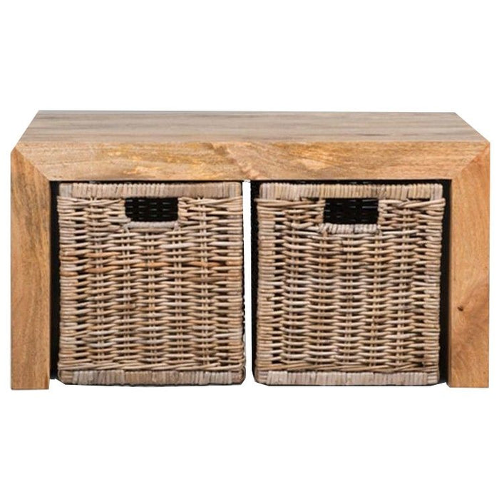 Light Dakota Mango Wood 85cm Coffee Table with 2 Rattan Baskets - In Stock