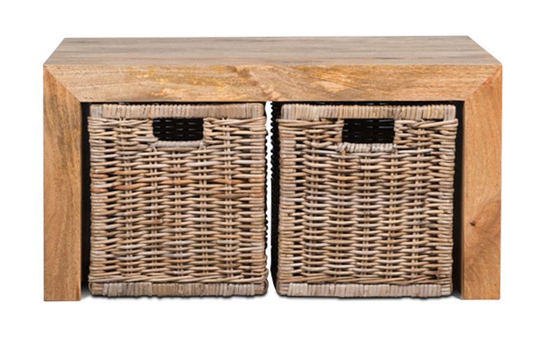 Light Mango Wood 85cm Open Coffee Table and Rattan Baskets - In Stock