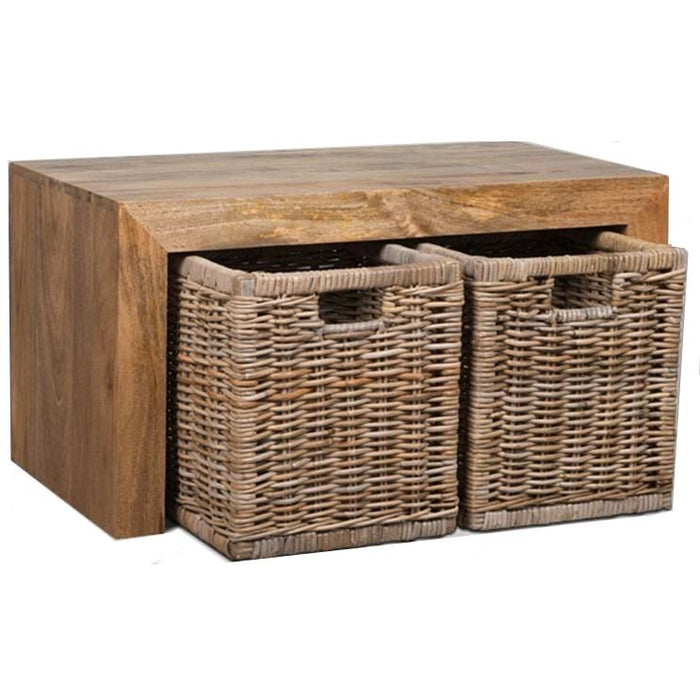Light Dakota Mango Wood 85cm Coffee Table with 2 Rattan Baskets - In Stock