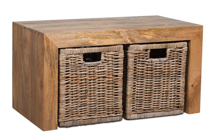 Light Dakota Mango Wood 85cm Coffee Table with 2 Rattan Baskets - In Stock