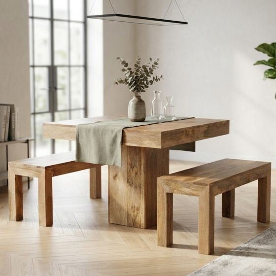Acre & Artisan Light Mango Wood 90Cm Cube Dining Table 2 Small Benches