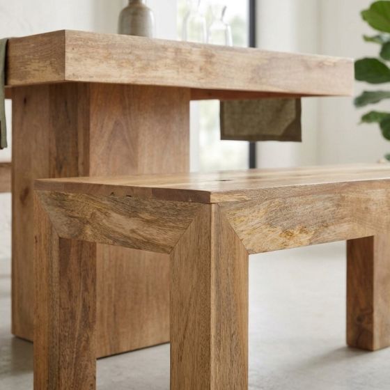 Acre & Artisan Light Mango Wood 90Cm Cube Dining Table 2 Small Benches