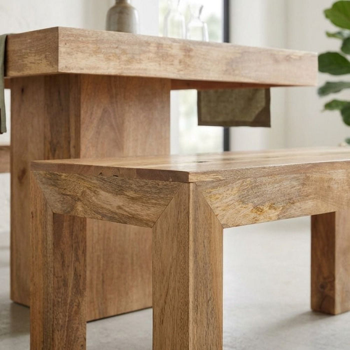 Light Mango Wood 90cm Cube Dining Table & 2 90cm Benches - In Stock