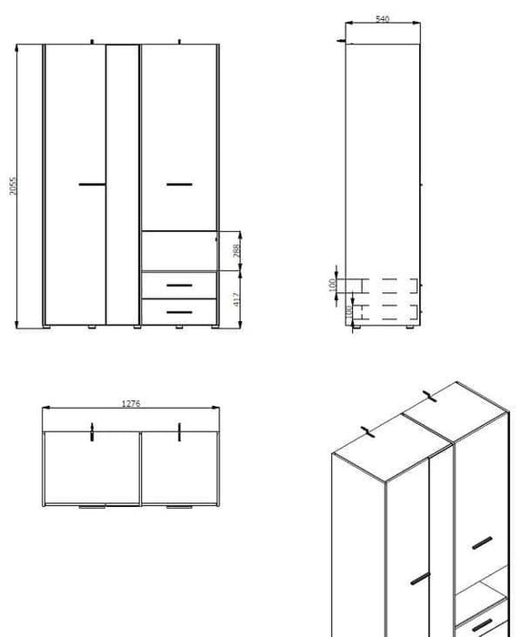 Grey Oak 3-Door Wardrobe