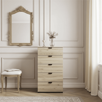 Amos Mann Oak Effect Narrow 5 Drawer Chest