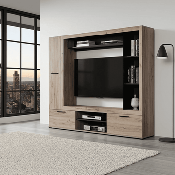 Amos Mann Grey Oak Effect And Black Entertaiment Unit Wall TV Cabinet