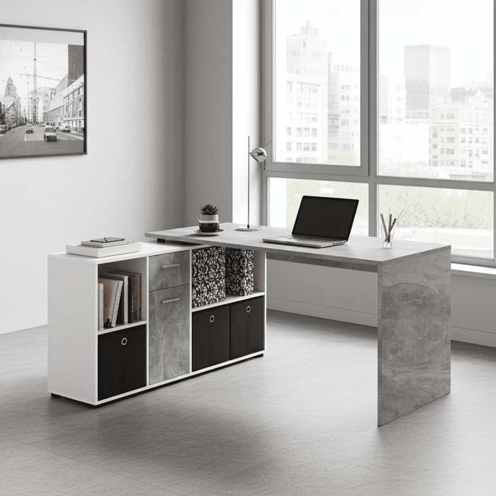 Concrete Grey and White Corner Desk