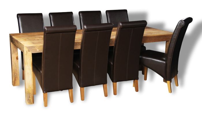 Acre & Artisan Solid Wood Light 220Cm Dining Table 8 Leather Rollback Chairs