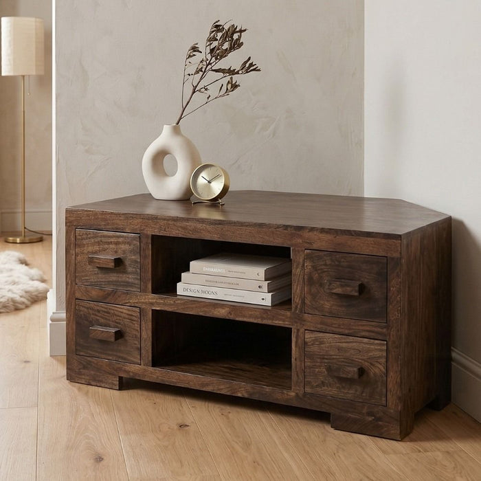 Mango Wood Walnut 115cm Corner TV Unit - In Stock