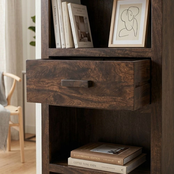 Mango Wood Walnut 65cm 1 Drawer Bookcase - In Stock