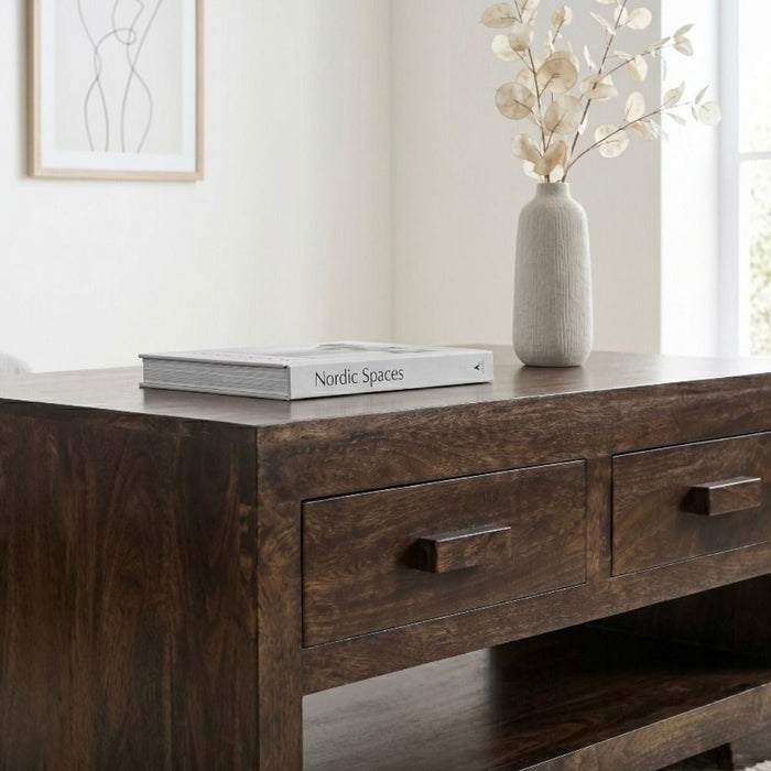 Mango Wood Walnut 90cm 2 Drawer Coffee Table - In Stock