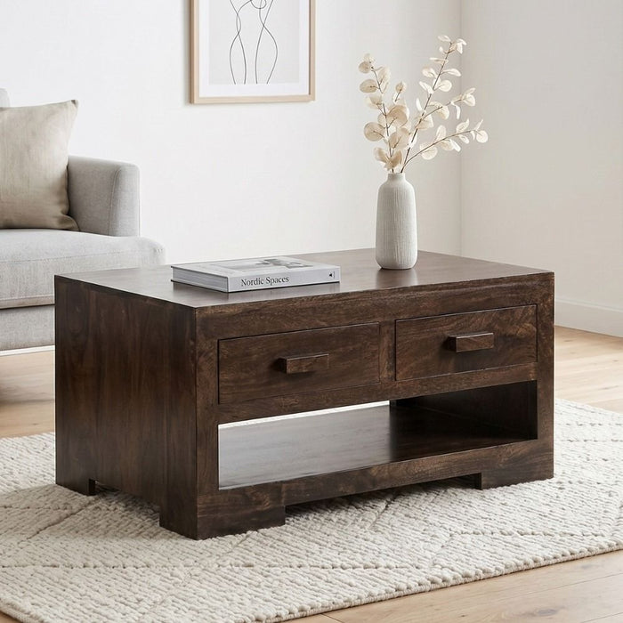 Mango Wood Walnut 90cm 2 Drawer Coffee Table - In Stock