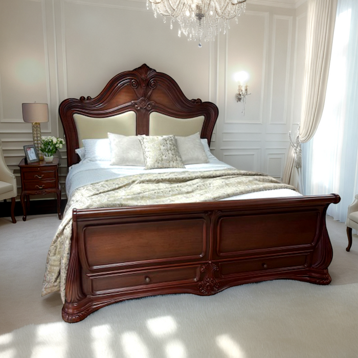 Marbella French Style Carved Sleigh Bed with Padded Headboard
