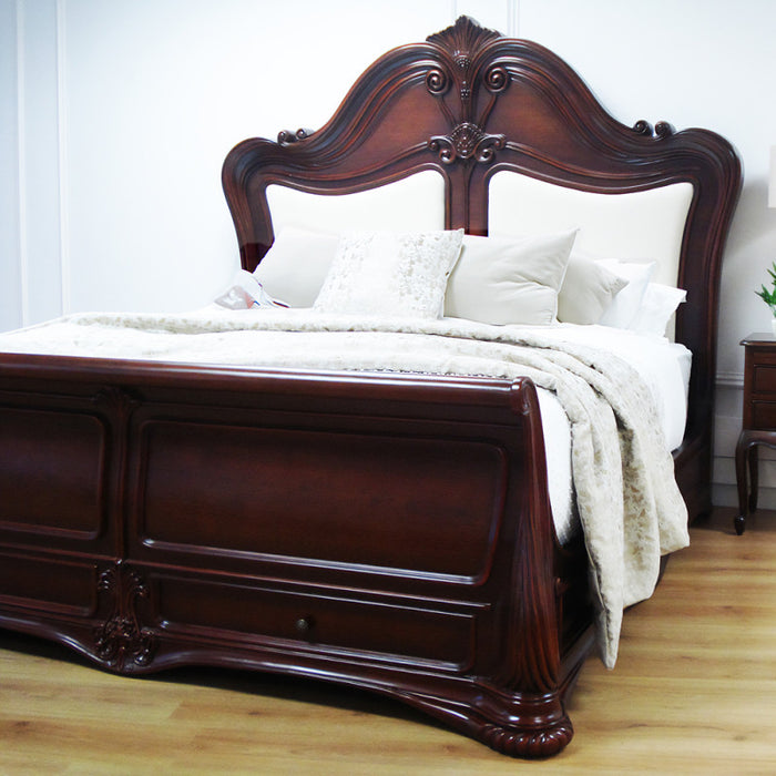 Marbella French Style Carved Sleigh Bed with Padded Headboard