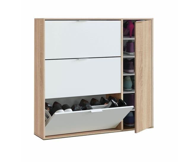 Oak Effect & White Shoe Cabinet with 4-Doors